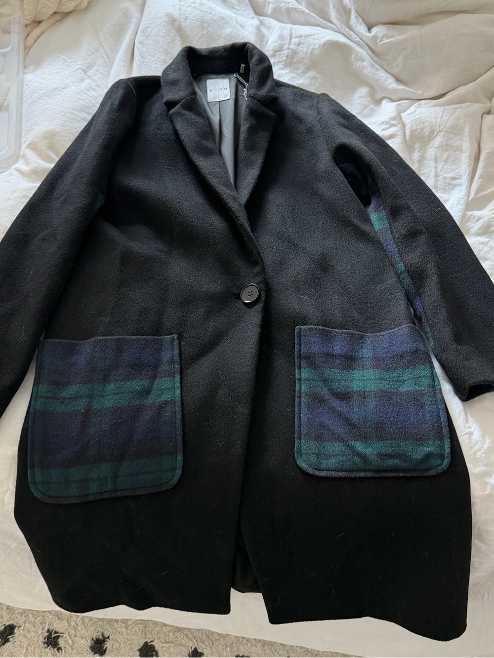 Kith Black Pea Coat with Navy & Green Plaid Pockets